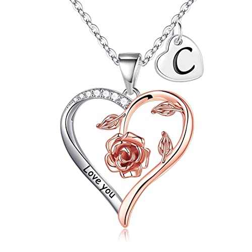 Storup Rose Heart Necklaces Gifts For Women Wife, Initial C Necklaces Jewelry For Women Teen Girls Bridesmaid Gifts Mothers Day Birthday Gifts For Her Women Girlfriend #TOP7
