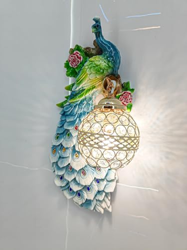 Image of swanart Decorative Plumora Peacock Wall Light with Crystal Lamp - 46 cm Artistic LED Wall Mount Light, Vibrant Colors & Gold Accents for Bedroom, Living Room, and Hallways - 3D Handcrafted Design
