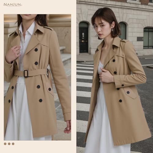 NANJUN Women's Double-Breasted Trench Coat Classic Lapel Overcoat Slim Outerwear Waterproof Coat with Belt Buckle2