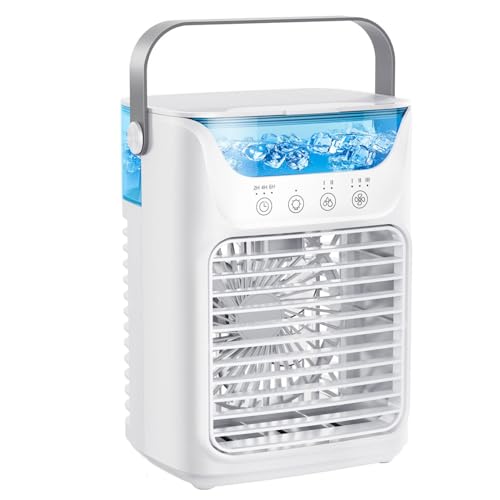 GWFBLID 700ml Aire Acondicionado Portatil 4 en 1 Mini Aire Acondicionado 3 Velocidades 2 Modos de Nebulización Luz de 7 Colores Temporizador de 2-6H Enfriador de Aire Portátil Interior