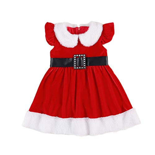 Axiamoncha Ragazze di Natale Velluto Casual Allentato Abito Manica Corta Patchwork Party Principessa Cintura a Vita Alta Festival Babbo Natale Fancy Abito al Ginocchio (Rosso, 4-5 Anni)