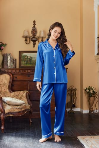 Image of Ekouaer Women Satin Pajamas Set Classic Button Down Long Pjs Set