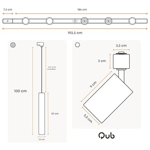 Qub Focus III 1-Phasen Led Schienensystem Komplettset - 200cm - Set 3 Spots und 2 Pendelleuchten - 2x 1m Licht Schienensystem - I-Form - GU10 & LED-Kompatibel - Erweiterbar & flexibel - Schwarz