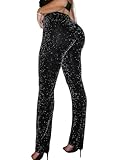 Floerns Women's Contrast Sequin Elastic Waist Shiny Straight Leg Party Pants Black Large