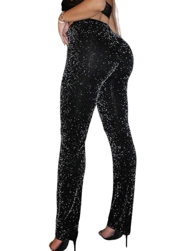Floerns Women's Contrast Sequin Elastic Waist Shiny Straight Leg Party Pants