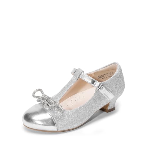 DREAM PAIRS Girls Dress Shoes Mary Jane Heel T-Strap Party Flower Wedding Princess Pumps for Little Big Kid 6 Big Kid Silver