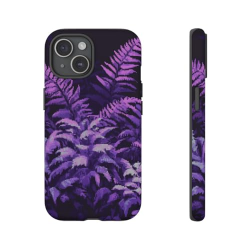 Coque rigide mate iPhone 15 anti-choc Pixel Art Purple Ferns