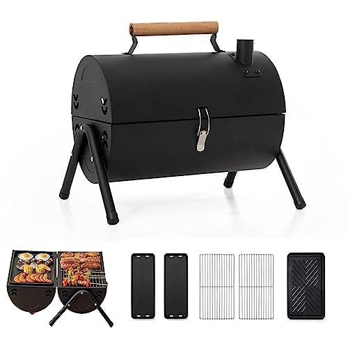 Acnivkoバーベキューコンロ 鉄板・網付き アウトドア キャンプ 軽量 携帯用 焚火台 蒸し焼き 燻製可能 ステンレス鋼 蓋付き 4-6人用 コンパクト 多機能 チャコールグリル キャンプ用品 屋外BBQ (38*25.5*37.5cm,ブラック +耐熱皿)