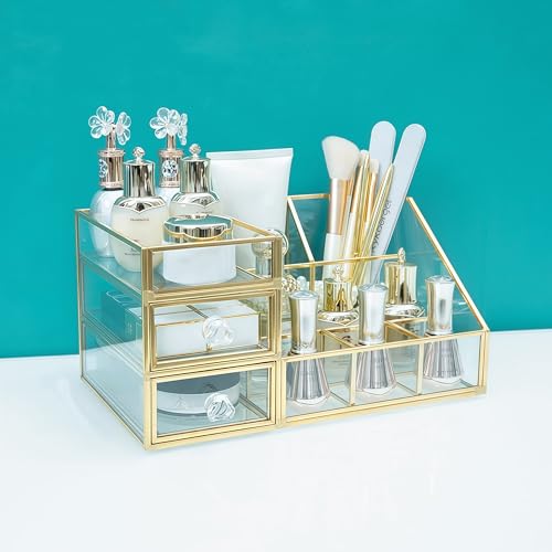 JIARI Glass Makeup Organizer with Drawer, Gold Brass Frame Jewelry Display Box, Nordic Style Cosmetic Storage for Vanity Bathroom Bedroom Office, 10.23x6.29x5.11 Inches (Storage Box-A32) by JIARI - Used condition - Image 6