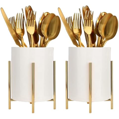 SIEBOLD 2pcs Sturdy Cutlery Holder White Ceramic With Metal Bracket Robust Silverware Caddy For Countertop - Spoon Holder Silverware Caddy Cover