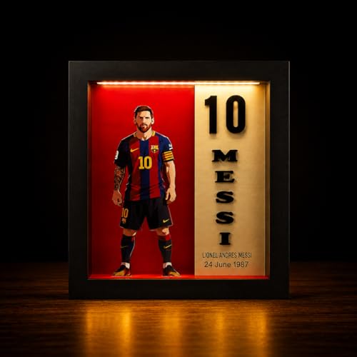 Image of 10 Messi Jersey Shadow Box Frame with LED Light | Football Fan Gift for Tabletop & Shelf Decor | Sports Display Box for Gaming Room, Bedroom & Office | 9 x 7 Inch (#10 Edition)
