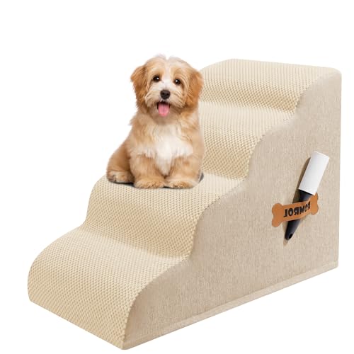 Dog Stairs, Romrol Dog Steps Ramp for High Bed and Couch, Dogs Ramp with Durable Non-Slip Waterproof Fabric Cover, Pet Stairs for Small Dogs and Cats or Pets Joints, 4-TiersBeige