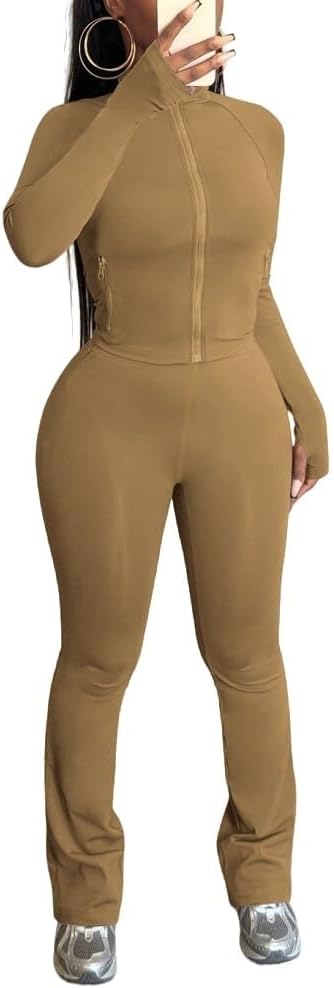 HBQ Women's 2 Piece Tracksuit Sets Long Sleeve Zip Up Crop Tops and Flare Pants Casual Workout Oufit Jogger Loungewear Set - Image 2
