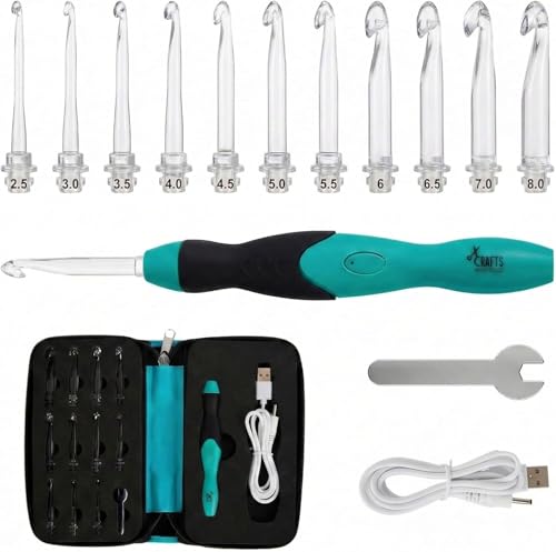 Crafts By KFRod Interchangeable Lighted Crochet Hook Set Ergonomic Handle 11 Sizes Portable Crochet Tool for Night & Travel Use (Blue 11 in 1)