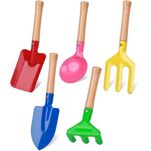 3 otters 5PCS Kids Gardening Tools, Safe Beach Sand Toys Gardening Equipment Spoon Fork Trowel Rake Shovel for Children