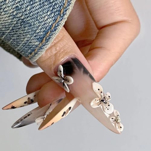 ヒョウ柄 フレンチ ネイルチップ 立体の花 ロング フェイクネイル 手作りしずく型ネイルチップ 誕生日パーティーネイルチップ 10枚セット 長め 付け爪 チップ 両面接着テープ付き (ヒョウ柄, M)