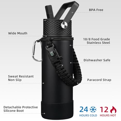 Image of BJPKPK 22oz Insulated Water Bottle with 3 Lids, Straw Lid & Handle