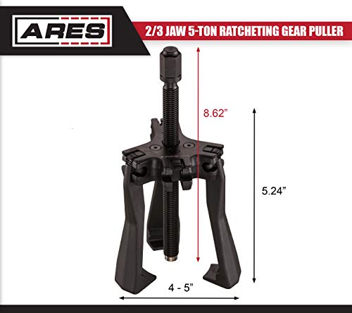 Image of ARES 70434 | 2 /3 Jaw 5-Ton Ratcheting Gear Puller | Chrome Moly Steel Construction | 4 inch to 5 inch Adjustable Range | Easily Converts to 2-Jaw or Reversible Gear Puller