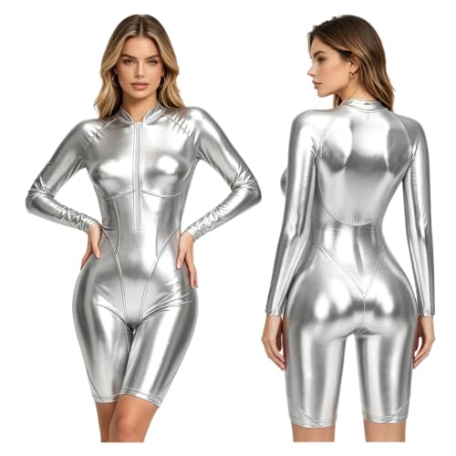 Combinaison bain haute élasticité pour femme style anime ajusté et métallique brillant Yhong