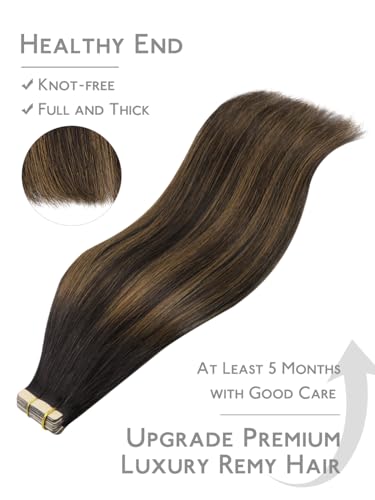 Image of WENNALIFE Fuller Tape in Hair Extensions Human Hair, 16 inch 20pcs 80g Balayage Dark Brown Mixed Chestnut Brown Remy Hair Straight Tape in Extensions Skin Weft Tape Ins Extensiones De Cabello Humano