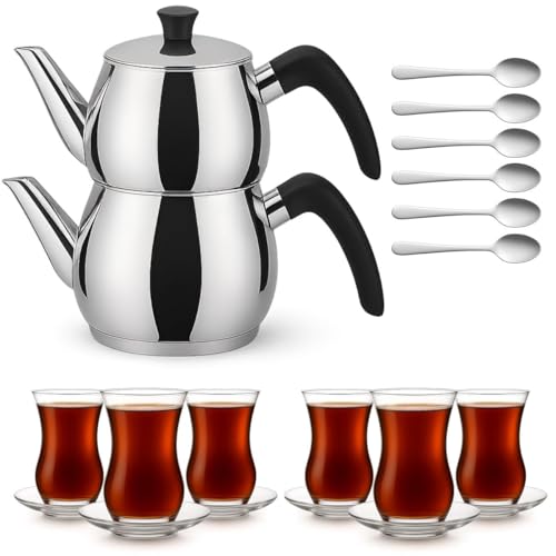 Caydanlik Teekanne Edelstahl 2-stöckig – Türkischer Teekocher induktionsgeeignet – mit Teegläsern oder nur Kanne Größe Kanne 1,5L, Farbe Glas-Set 6er