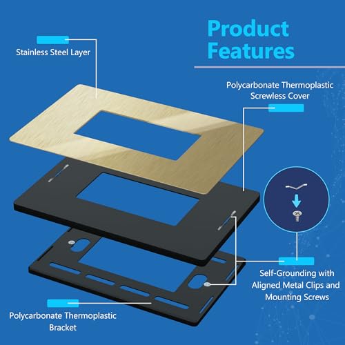 Image of LIDER Screwless Metal-Surface Wall Plate, Decorator Switch Cover, Temperature and Impact Resistant, Modern Upgrade, Mid-Size 1-Gang 4.88 inch x 3.11 inch, UL Listed, Stainless Steel, Brushed Brass, 2-Pack