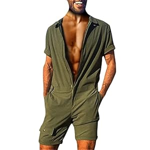 Combinaison courte pour homme - Pantalon de travail stretch - Coupe ajustée - Combinaison d'été - Salopette à manches courtes - Avec boutons - Survêtement de jogging, vert, M
