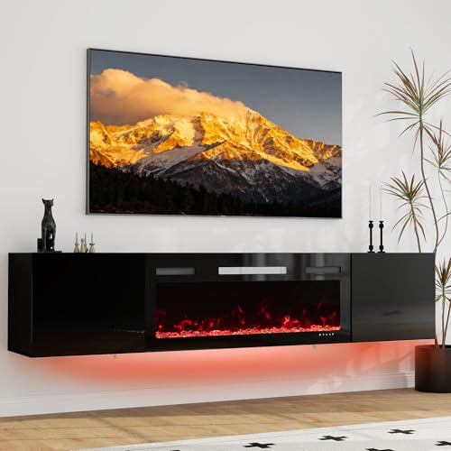 Winlice 70' schwebender TV-Ständer mit 36' Elektrokamin, wandmontiertes Entertainment-Center mit Stauraum, LED-Beleuchtung, Kamin-TV-Konsole für Fernseher bis zu 80', komplett schwarz