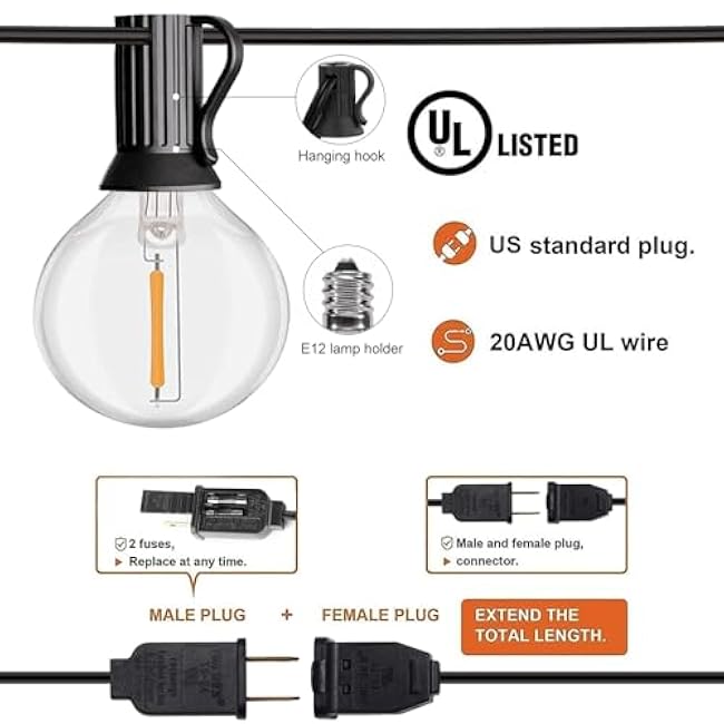 HISTAR 96 ft Outdoor String Lights 52 Led Waterproof G40 Bulbs, Patio Lights for Decorating Yard, Porch, Deck, Fence, Balcony, Backyard