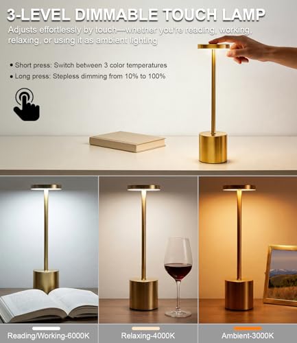 Image of Swinerton Gold Cordless Table Lamp Set, 5000mAh Rechargeable Battery Operated Desk Lamp Wireless Table Light, 3 Color Dimmable Touch Lamp for Restaurant Dining Patio, Home /Apartment Decor