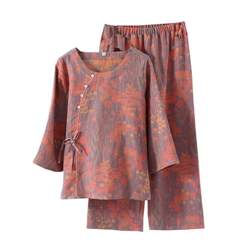Women's Floral Patterned Pajamas Set Kimono Hanfu Japanese Sleepwear Suit Boho Loungewear Gauze Pajama Clothes Purple-c Large