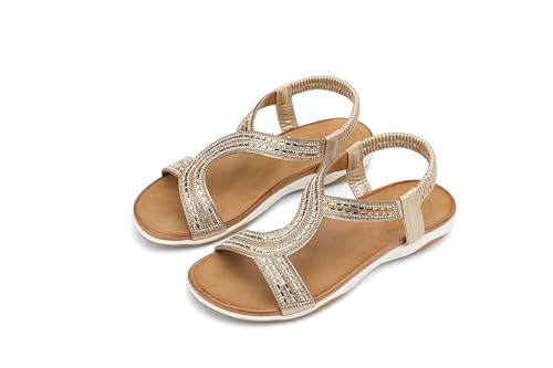 Image of UBFEN Flat Sandals For Women Dressy Arch Support Comfortable Casual Sandal With 2026 Rhinestone Braid Elastic Strap Summer Vacation