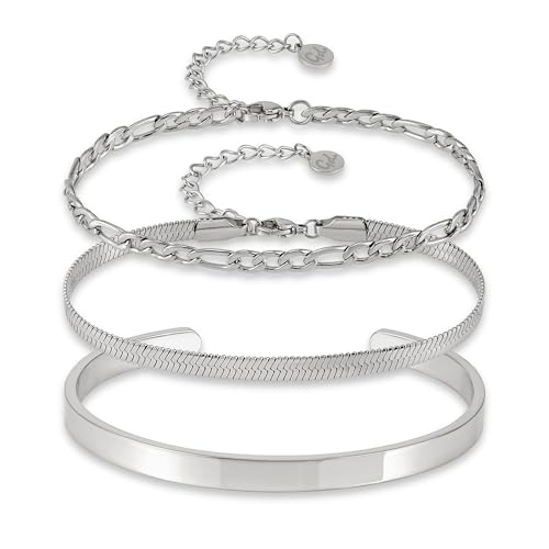 Set de 3 bracelets femme en argent - Bracelets ajustables argentés - Set de bracelets en argent en acier inoxydable 316L - Bracelet serpent, bracelet à...