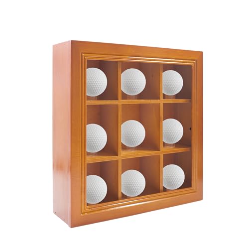 Wooden Golf Ball Display Case with Ring Bases, Tabletop & Wall Mounted Golf Ball Storage Box, 9 Holes Golfball Case with Clear Acrylic Door for Collections Memorabilia Signed Golfball