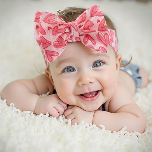 Infant bows Baby girls Bows Red& Pink Heart Headband, Newborn Soft Baby Hairband, One sizes fits All Baby (pink love&red)4