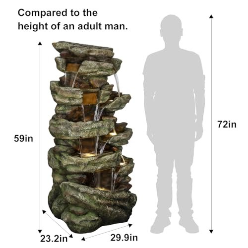 Image of SunJet 59 inch High Multi-Tiers Cascading Rock Outdoor Water Fountain with LED Lights - Large Outdoor Fountains and Waterfalls for Garden or Patio, Yard, and Deck Decor, Featuring Natural Stone Look