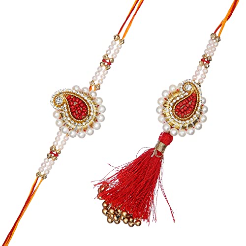 Image of eCraftIndia Designer Bhaiya Bhabhi Rakhis with Roli Chawal Pack and Raksha Bandhan Greeting Card - Rakhi for Brother, Bhaiya, Bhai