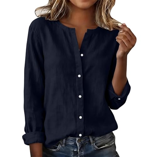 Chemise Femme Coton Et Lin Chemisiers Et Blouses Manches Longues Col en V Chic Et Élégante Chemisier Décontracté Couleur Unie T-Shirts D'Été Respirant...