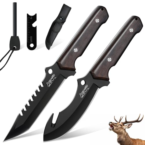 FUSIONKEI Fixed Blade Hunting Knife Set - 2 Piece, Full Tang Straight Blade Skinning Knife and Gut Hook Knife with Nylon Sheath, Game Processing Knife Set for Camping,Outdoor, Bushcraft