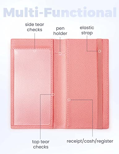 Image of Yarnic Checkbook Cover for Personal Checkbook, Checkbook Holder with Pen Holder & Built-in Clear Plastic Divider for Duplicate Checks (Coral Pink)