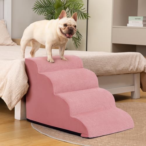 Image of 4-Step Dog Stairs for Bed or Couch, Pink Pet Ramp for Small Dogs, Cats | Aodisman Elegant Pink Dog Ramp Designed for Dogs and Cats, Ideal for Beds and Couches, Providing Comfortable Access, 17.7 inch H