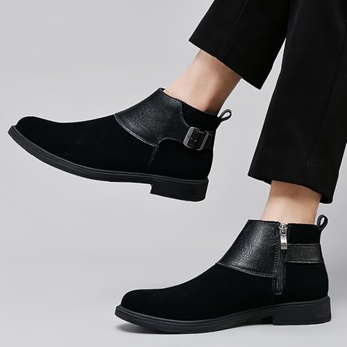 Men's Suede Dress Boots Pointed Toe Inner Zipper Chelsea Ankle Boots with Adjustable Buckle Casual Non-Slip Formal Business Booties4