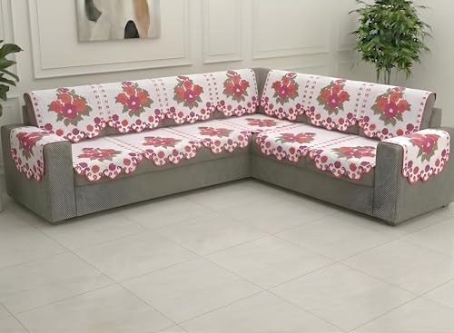Image of Fab Nation Sofa Cover L Shape 6 Seater with Corner L Type Fully Covered Sofa Set for Living Room | Cotton Sofa Slipcovers for 3 + 3 Seaters Cover with 2 Arms | Flower Pink