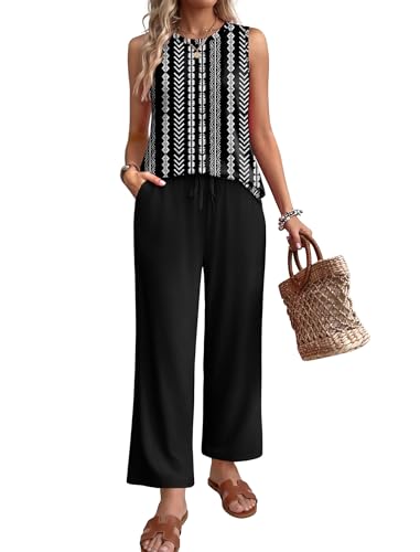 WIHOLL 2 Piece Sets for Women Summer Business Casual Outfits Round Neck Sleeveless Tank Tops Basic Work Ladies Vacation Outfits Travel Wide Leg Dress Wide Leg Pants Lounge Sets Black White Striped M