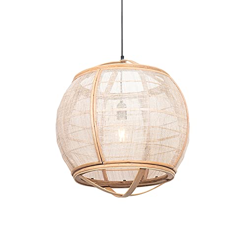 Lámpara colgante oriental de acero y madera Pascal con elegante pantalla textil de 50cm