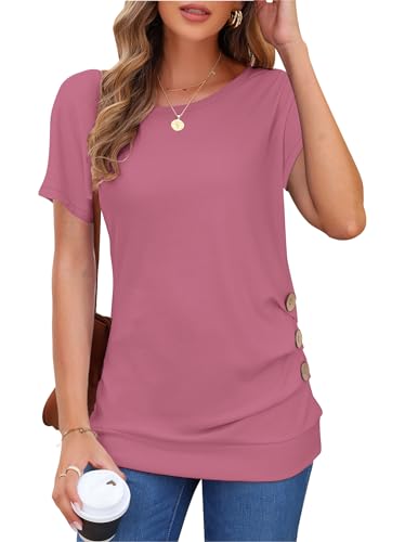 MOLERANI Women's Casual Short Sleeve Round Neck Loose Tunic T Shirt Blouse Tops, Pink, L