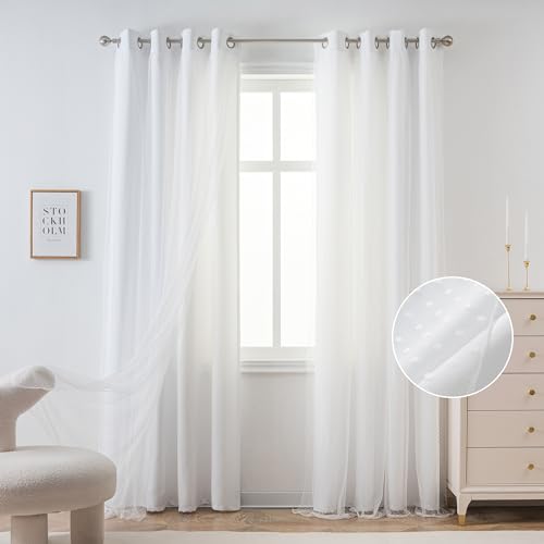 Image of MYSKY HOME White Curtains for Girls Nursery Kids Bedroom 52Wx90L,2 Panels | Double Layer,with Polka Dots Sheer Overlay, Light Filtering Privacy Protect Grommet Cute Drapes for Bedroom Living Room Decor
