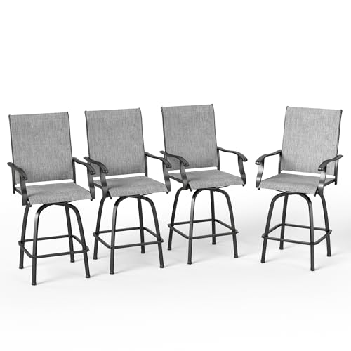 Image of PHI VILLA Outdoor Swivel Patio Bar Stools Set of 4, 30 Inch Bar Height Tall Patio Chairs with Back & Armrest, Durable Textilene Fabric in Grey for Deck Lawn Garden