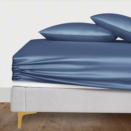 LINENWALAS King Fitted Sheet with Pillowcases, 100% Organic Bamboo Silk Fitted Sheet for King Size Bed, Up to 40 cm Deep Pocket Bottom Sheet, Soft, Cooling, Bedding Sheet (Bahamas Blue, King)