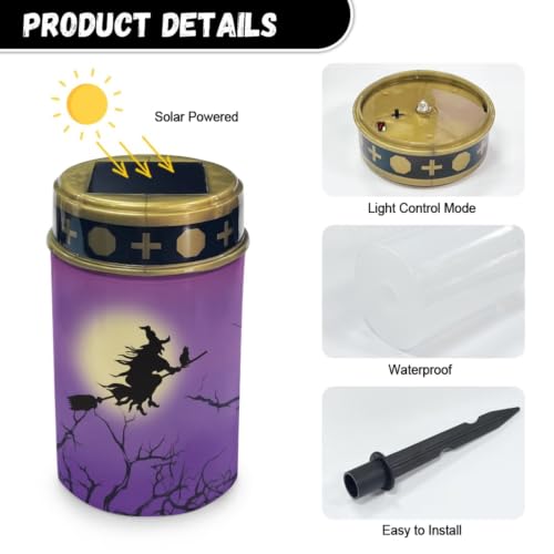 Image of 2 Pcs Witch Cemetery Solar Lights Flameless Candles | Waterproof Grave Lights Cemetery Decor, Halloween Solar Powered Landscape Light for Grave Memorial Gift, Outdoor Use